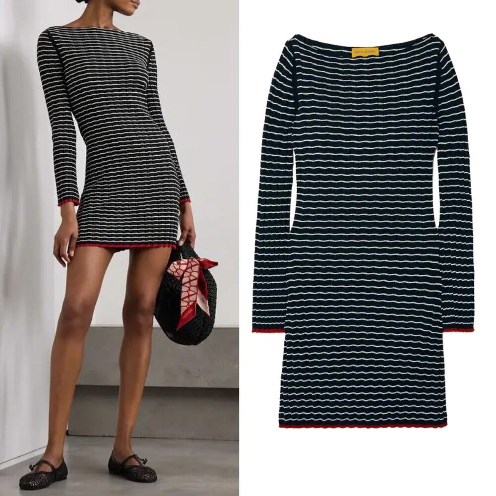 Guest in Residence Dress Black Striped Ribbed Knit Long‎ Sleeve Minidress Size S